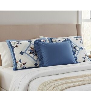 3Pc Vintage Style Blue Floral Quilted Pillow Shams & West Point Ruffled Sham Lot